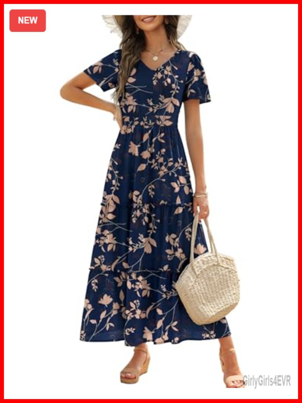 Women's Floral Maxi Dress V-Neck Short Sleeve Smocked Waist A-Line